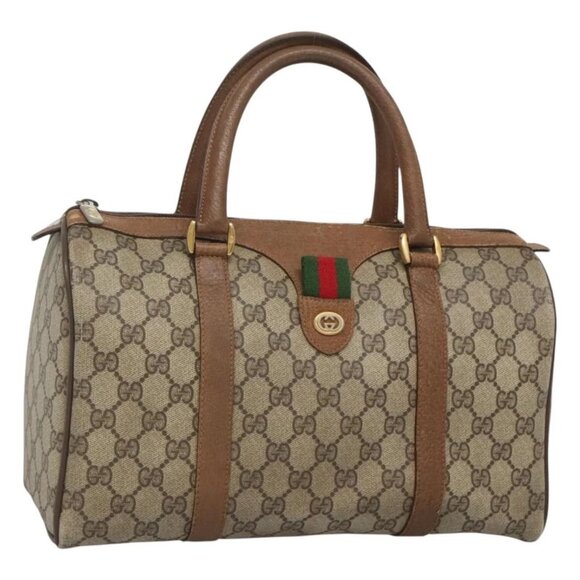 GUCCI GG Supreme Web Sherry Line Boston Bag PVC Beige Gold 40 02 007 Auth 126148 - Picture 1 of 16